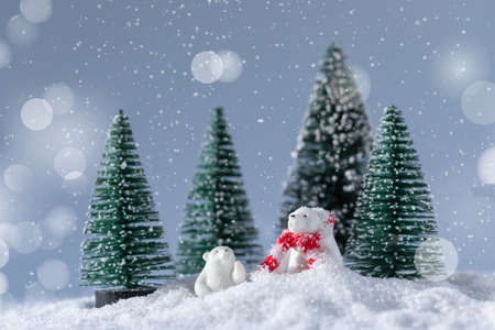 Cute white bears in red knitted scarf on snow in the forest at Christmas night, greeting postcard conceptの写真素材