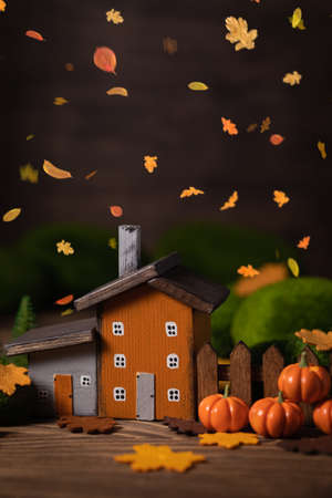 Miniature Thanksgiving Day little fairy autumn cottages, pumpkins, wooden background, postcard concept, tonedの写真素材