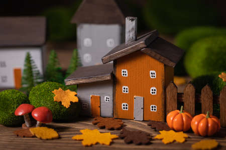 Miniature Thanksgiving Day little fairy autumn cottages, pumpkins, wooden background, postcard concept, tonedの写真素材