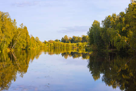 Beautiful autumn evening landscape in Zaharovo Pushkins museum park, Russiaの写真素材