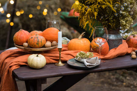 Fall themed holiday table setting arrangement for a seasonal party, glasses, pumpkins, candles, field flowersの写真素材