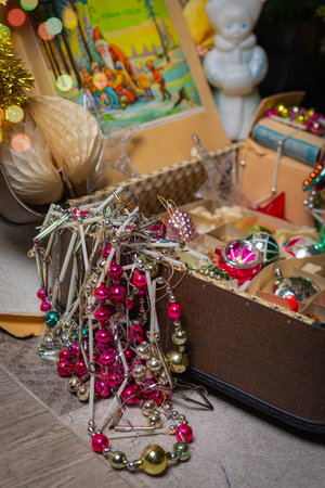 Old colorful New Year and Christmas holiday Soviet decorations and toys made of glassの写真素材