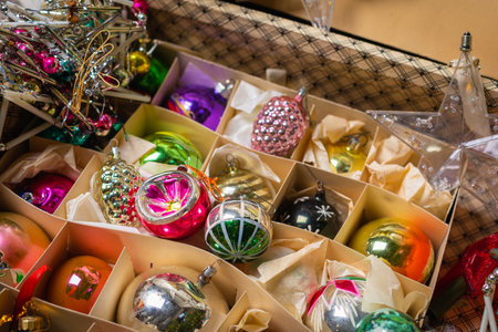 Old colorful New Year and Christmas holiday Soviet decorations and toys made of glassの写真素材