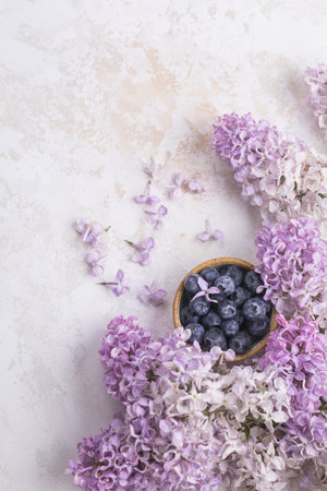 Composition with bluberries in a bowl and scattered lilac flowersの写真素材