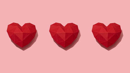Red paper hearts isolated on pink background, patternの写真素材