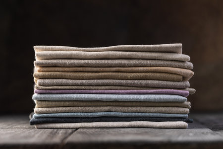 A pile of four folded dull-colored natural linen fabricの写真素材