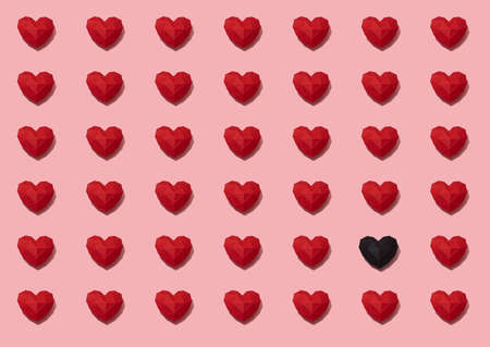 Red romantic paper hearts with a black one isolated on pink background, Saint Valentine's, February 14, Mothers Day concept postcard, cardiology health symbol, pattern, space for textの写真素材