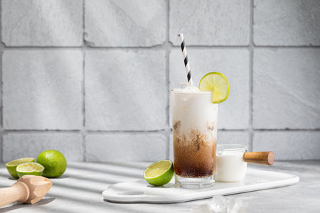 Trendy authentic dirty soda cocktail with cola, lime juice and cream in the kitchen tableの写真素材