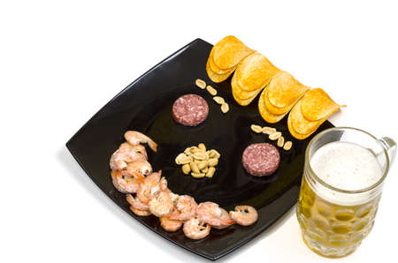 Beer snack Smile shrimp, potatoes and sausageの写真素材