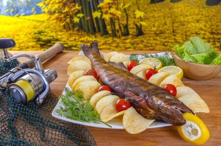Hot smoked fish walleye  zander, pikeperch  fall fishing 