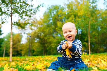 laughing little boy in the autumn parkの写真素材