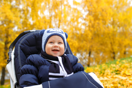 child in autumn park on a background of yellow leavesの写真素材