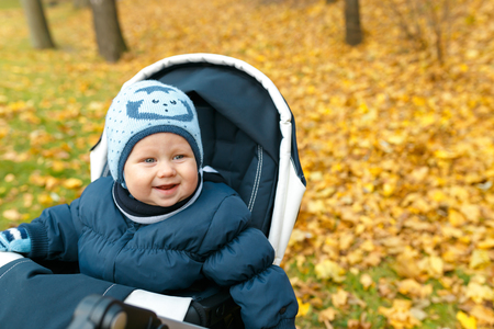 child in autumn park on a background of yellow leavesの写真素材