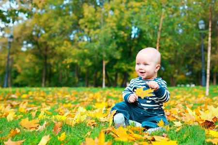 A little boy sits among autumn leavesの写真素材