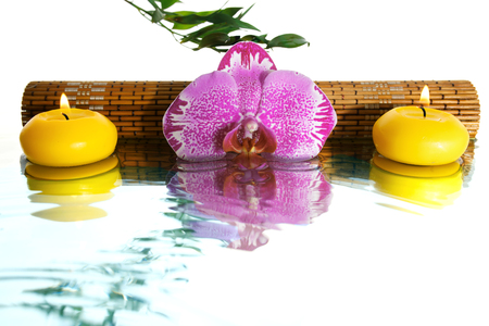 Orchid and aromatic candles with reflectionの写真素材