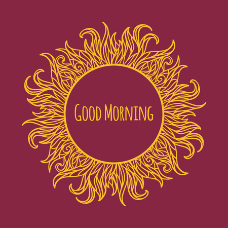 Illustration of sun with curved lines as the sun rays and a phrase - good morningのイラスト素材