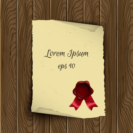 Vector old scroll paper with wax seal on wooden backgroundのイラスト素材