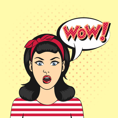 Vector pop art surprised woman face with open mouth and a speech bubbleのイラスト素材