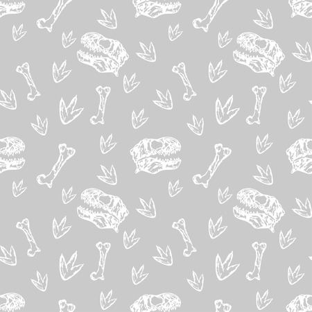 Vector seamless dinosaurs pattern with dinosaur sculls, bones and footprintsのイラスト素材