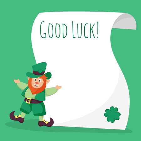 Vector illustration of a St. Patrick's Day leprechaun standing near the empty parchment.のイラスト素材