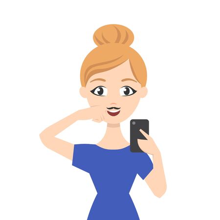 Vector illustration of girl making selfie and face pretending to wear a mustacheのイラスト素材