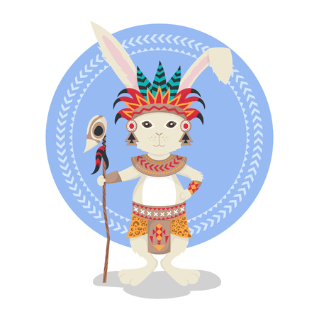Vector illustration of rabbit or bunny shaman. Feathers, ceremonial clothes. Rabbit print for t-shirt or poster. Vector art. Native American Indian Aztec motifs.のイラスト素材