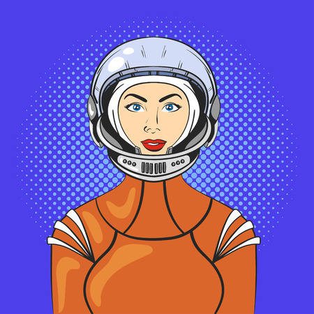 Vector illustration of pop art beautiful young woman in astronaut helmet and space suit.. Retro Style.のイラスト素材