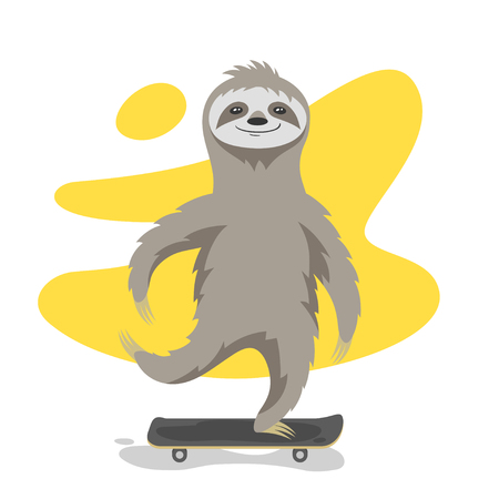 Vector illustration of happy cute sloth on skateboard. Sloth riding skateboard. Vector print for t-shirt or poster design.のイラスト素材