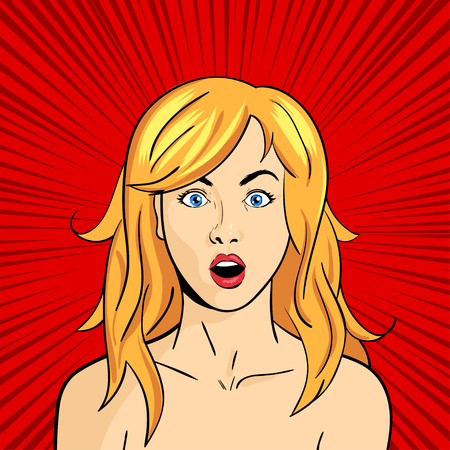 Vector pop art surprised woman face with open mouthのイラスト素材