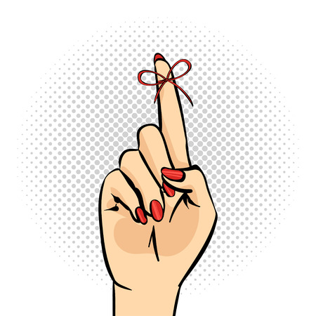 Vector hand drawn pop art illustration of hand with the Reminder String on the finger. Retro style. Hand drawn sign. Illustration for print, web.のイラスト素材