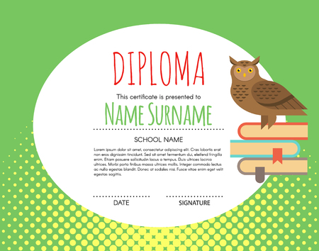 Vector Preschool Elementary Kids Diploma certificate background design template. School diploma. Owl as a symbol of knowledge is sitting on books.のイラスト素材