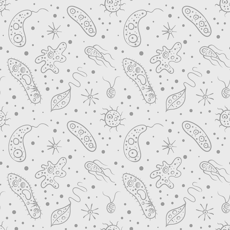 Vector seamless pattern with bacteria virus icons. Biology microorganisms, microbes germs and bacilli.のイラスト素材
