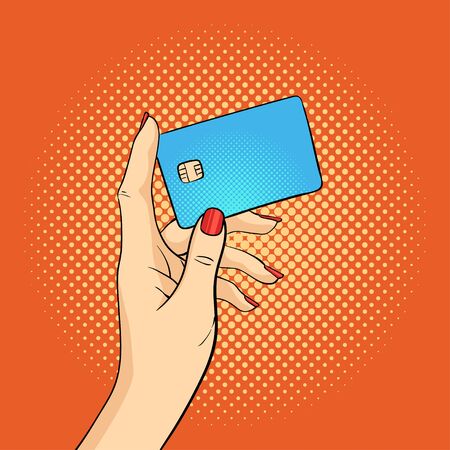 Vector hand drawn pop art illustration of hand holding credit card. Retro style. Hand drawn sign. Illustration for print, web.のイラスト素材