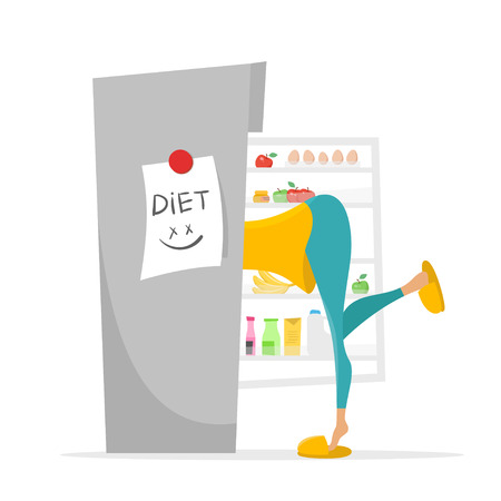 Vector illustration of girl searching something to eat in the fridge.のイラスト素材