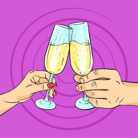 Vector hand drawn pop art illustration of man and woman hands holding glasses of champagne. Retro style. Cheering with glasses. Hand drawn sign. Illustration for print, web.のイラスト素材