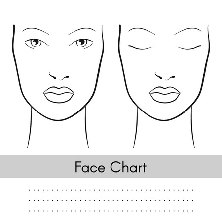 Vector beautiful woman face chart portrait. Female face with open and closed eyes. Blank template for artist makeup.のイラスト素材