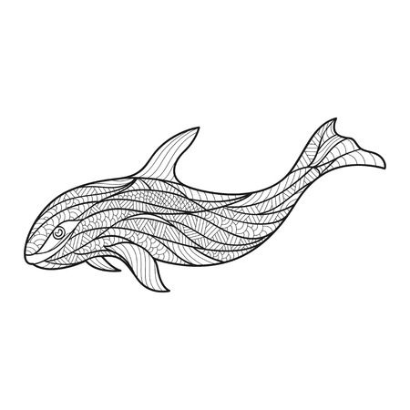 Vector monochrome hand drawn zentagle illustration of whale. Coloring page with high details isolated on white background. Boho style. Design for T-shirt, greeting card or poster.のイラスト素材