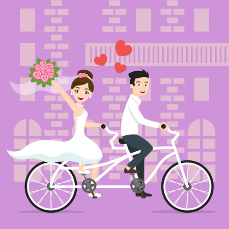 Vector illustration of young happy newlyweds bride and groom riding on bicycle. Tandem Duo bicycle. Honeymoon. Vector print for card or poster design.のイラスト素材