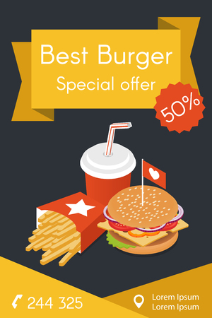 Vector template for flyer or advertisement. Vector illustration of isometric food: burger, French fries and cola. Fast food concept.のイラスト素材