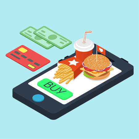 Vector isometric concept for online purchase of fast food. Vector illustration of isometric food: burger, French fries and cola. Fast food concept.のイラスト素材