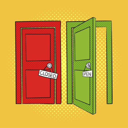 Vector hand drawn pop art illustration of doors. Open and closed door. Retro style. Hand drawn sign. Illustration for print, web.のイラスト素材