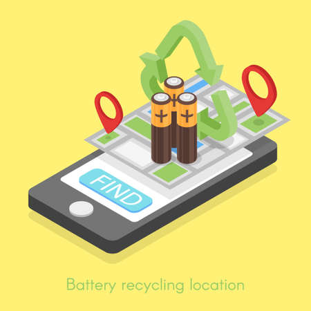 Vector isometric concept for online search of battery recycling location. Map with map pointers.のイラスト素材