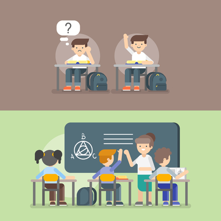 Vector illustration of kids at school. Back to school concept. Teacher and kids on the lesson.のイラスト素材