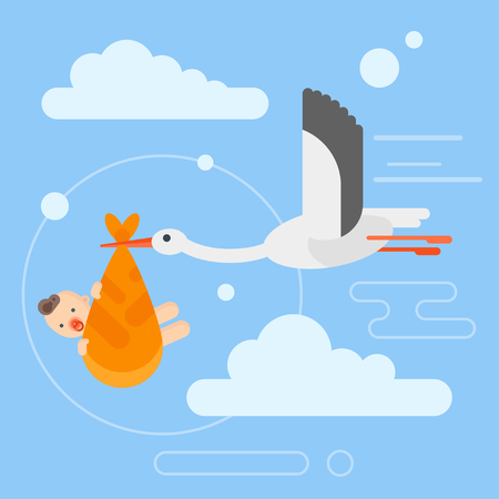 Vector flat style illustration of stork caring a newborn baby in the sky. Template for greeting card.のイラスト素材