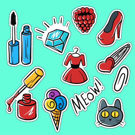 Vector set of fashionable patches:brilliant, raspberries, cat, shoes . Modern doodle pop art sketch pins and badges. Hand drawn cute and funny fashion stickers kit. Isolated on green background.のイラスト素材