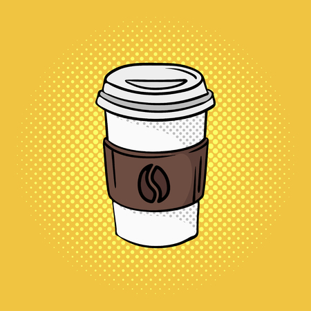 Vector hand drawn pop art illustration of coffee on the go. Fast food. Retro style. Hand drawn sign. Illustration for print, web.のイラスト素材