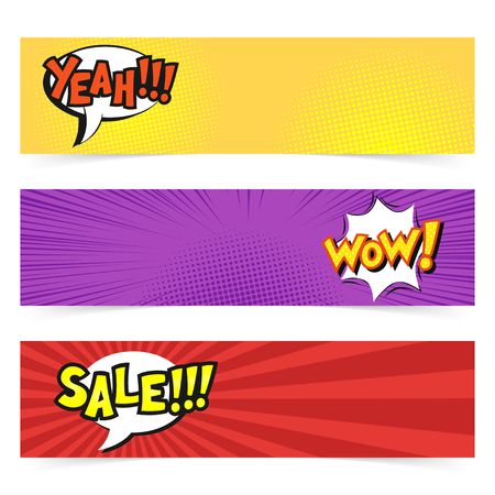 Vector hand drawn pop art banner with speech bubble. Retro style. Hand drawn sign. Illustration for print, web. Yeah, wow, sale.のイラスト素材