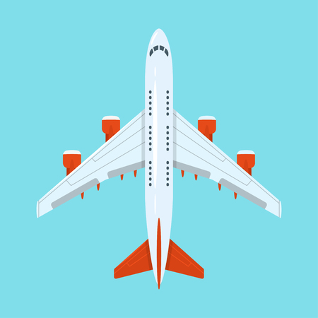 Vector flat style illustration of planes in the sky. Flying machine. Isolated on blue background. Icon for web.のイラスト素材
