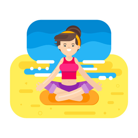 Vector flat style illustration of woman doing yoga. Girl in lotus position on the beach.のイラスト素材