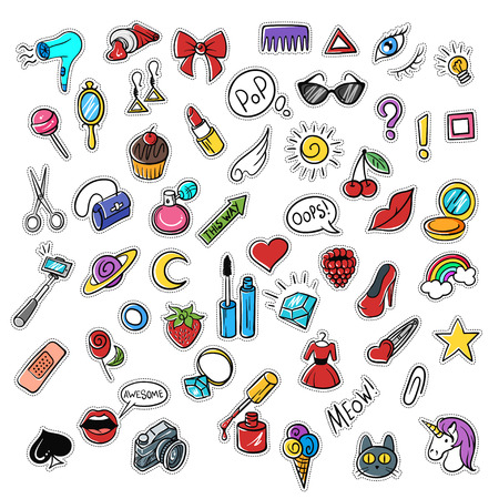 Vector set of fashionable patches: star, heart, cat, rainbow. Modern doodle pop art sketch pins and badges. Hand drawn cute and funny fashion stickers kit. Isolated on white background.のイラスト素材